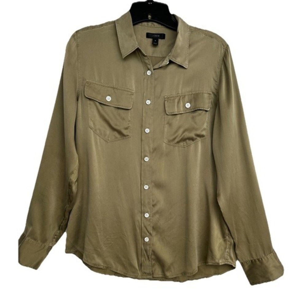 J Crew Silk Button Down Shirt Women Size 8 Olive Green Collar Pocket Long Sleeve